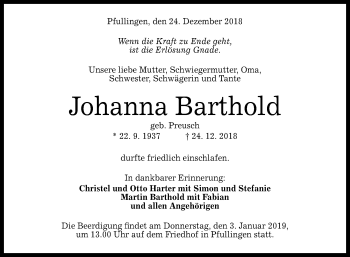 Anzeige von Johanna Barthold von Reutlinger General-Anzeiger