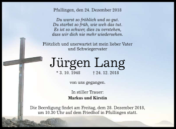 Anzeige von Jürgen Lang von Reutlinger General-Anzeiger