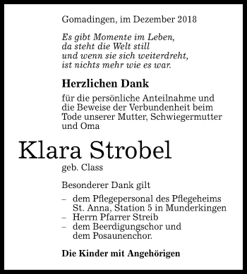 Anzeige von Klara Strobel von Reutlinger General-Anzeiger