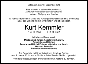 Anzeige von Kurt Kemmler von Reutlinger General-Anzeiger