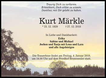 Anzeige von Kurt Märkle von Reutlinger General-Anzeiger