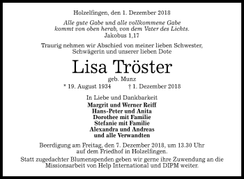 Anzeige von Lisa Tröster von Reutlinger General-Anzeiger