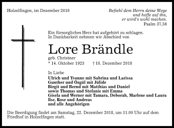 Anzeige von Lore Brändle von Reutlinger General-Anzeiger