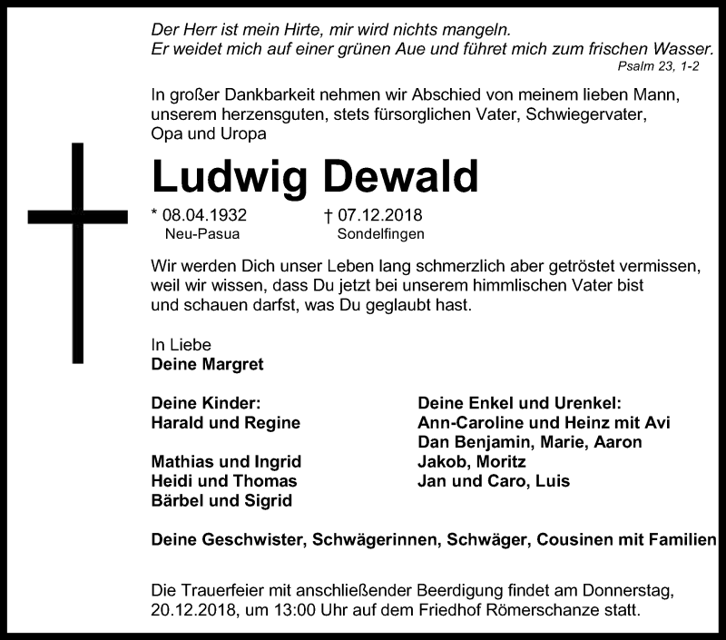  Traueranzeige für Ludwig Dewald vom 15.12.2018 aus Reutlinger General-Anzeiger