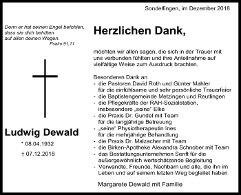 Anzeige von Ludwig Dewald von Reutlinger General-Anzeiger