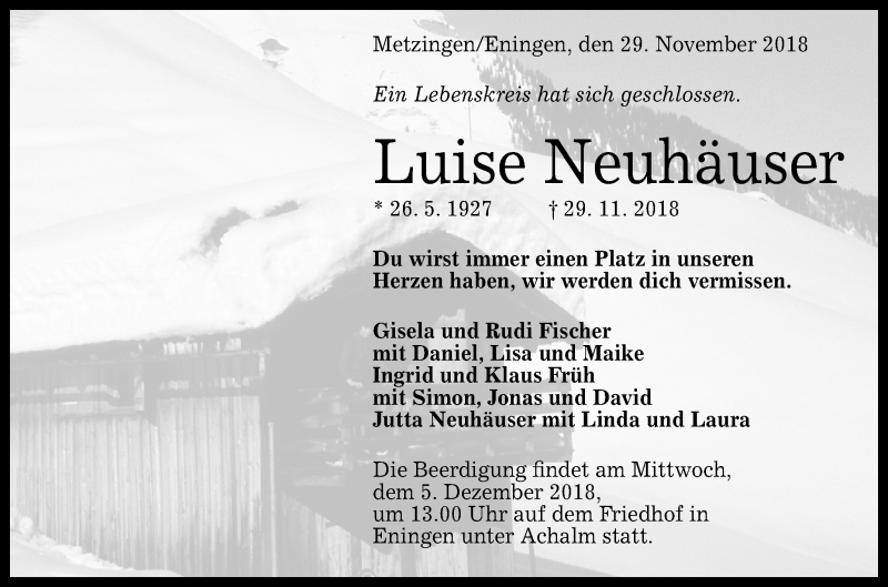  Traueranzeige für Luise Neuhäuser vom 01.12.2018 aus Reutlinger General-Anzeiger