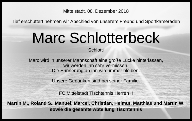  Traueranzeige für Marc Schlotterbeck vom 08.12.2018 aus Reutlinger General-Anzeiger