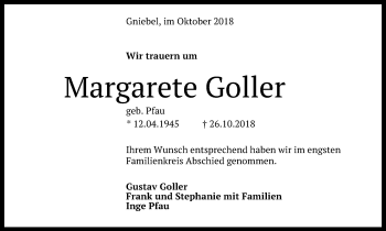 Anzeige von Margarete Goller von Reutlinger General-Anzeiger