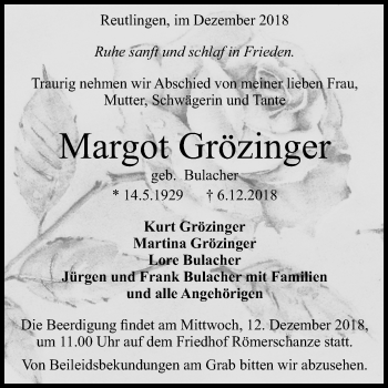 Anzeige von Margot Grözinger von Reutlinger General-Anzeiger