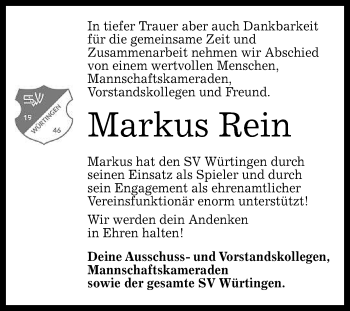 Anzeige von Markus Rein von Reutlinger General-Anzeiger