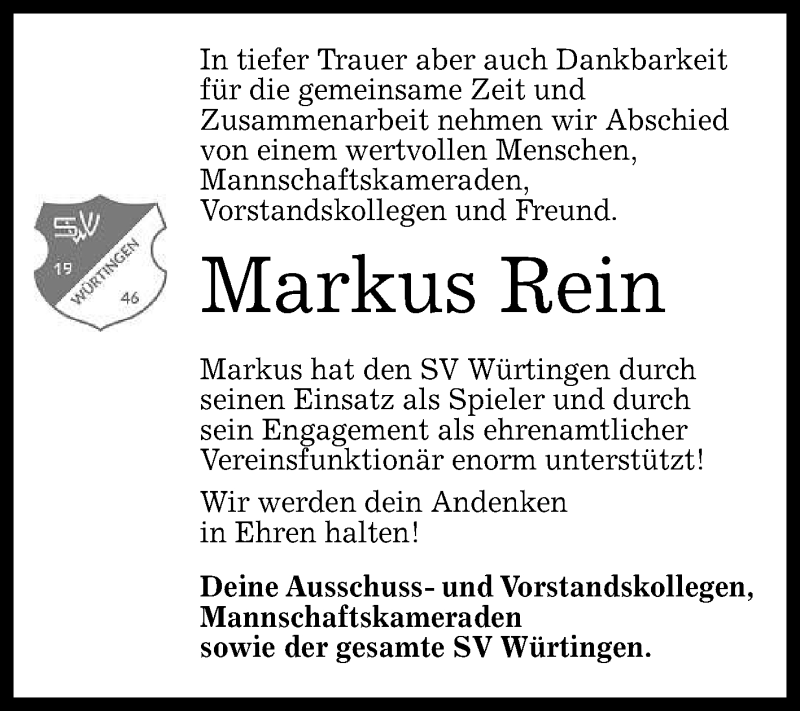  Traueranzeige für Markus Rein vom 17.12.2018 aus Reutlinger General-Anzeiger