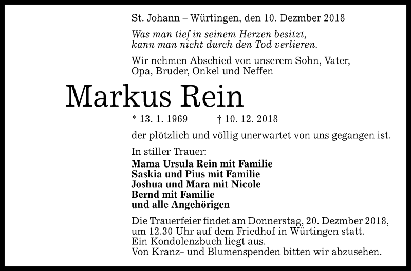  Traueranzeige für Markus Rein vom 15.12.2018 aus Reutlinger General-Anzeiger