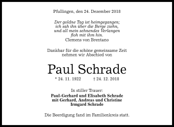 Anzeige von Paul Schrade von Reutlinger General-Anzeiger