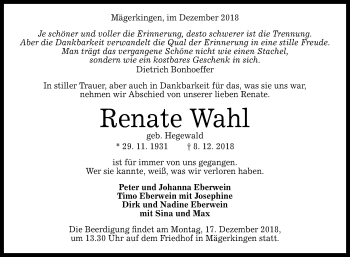 Anzeige von Renate Wahl von Reutlinger General-Anzeiger