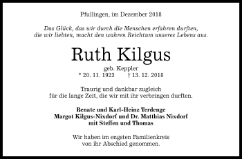 Anzeige von Ruth Kilgus von Reutlinger General-Anzeiger