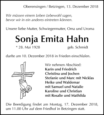 Anzeige von Sonja Emita Hahn von Reutlinger General-Anzeiger