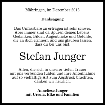 Anzeige von Stefan Junger von Reutlinger General-Anzeiger