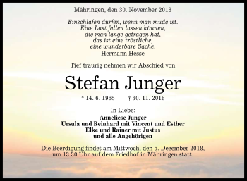 Anzeige von Stefan Junger von Reutlinger General-Anzeiger