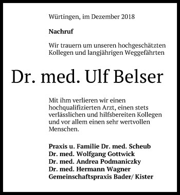 Anzeige von Ulf Belser von Reutlinger General-Anzeiger