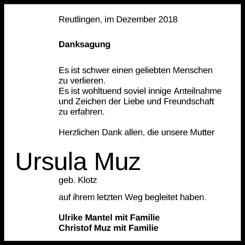  Traueranzeige für Ursula Muz vom 22.12.2018 aus Reutlinger General-Anzeiger