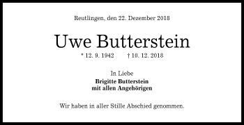 Anzeige von Uwe Butterstein von Reutlinger General-Anzeiger