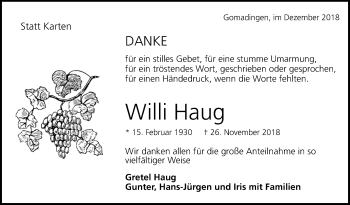 Anzeige von Willi Haug von Reutlinger General-Anzeiger