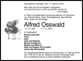 Anzeige von Alfred Osswald von Reutlinger General-Anzeiger