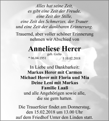 Anzeige von Anneliese Herer von Reutlinger General-Anzeiger