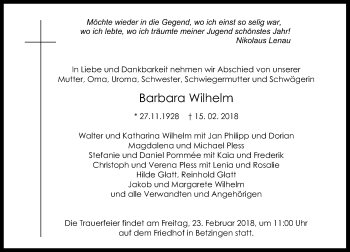 Anzeige von Barbara Wilhelm von Reutlinger General-Anzeiger