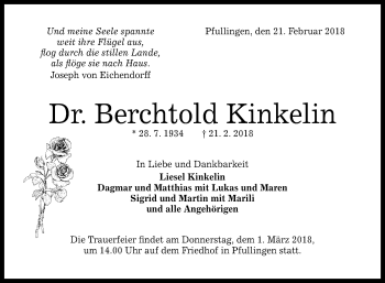 Anzeige von Berchtold Kinkelin von Reutlinger General-Anzeiger