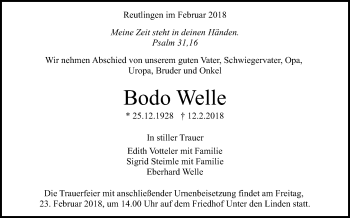 Anzeige von Bodo Welle von Reutlinger General-Anzeiger