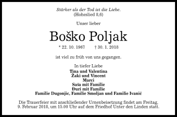 Anzeige von Bosko Poljak von Reutlinger General-Anzeiger