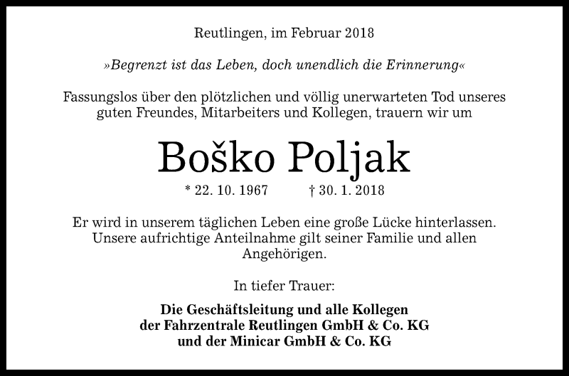  Traueranzeige für Bosko Poljak vom 07.02.2018 aus Reutlinger General-Anzeiger