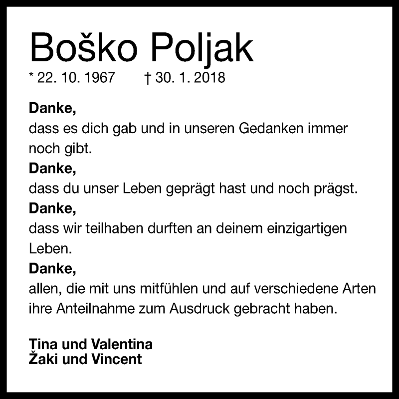  Traueranzeige für Bosko Poljak vom 17.02.2018 aus Reutlinger General-Anzeiger