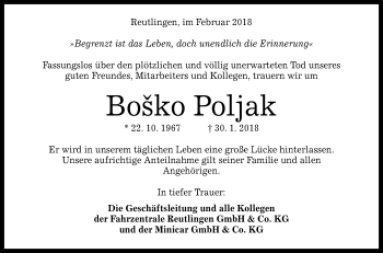 Anzeige von Bosko Poljak von Reutlinger General-Anzeiger