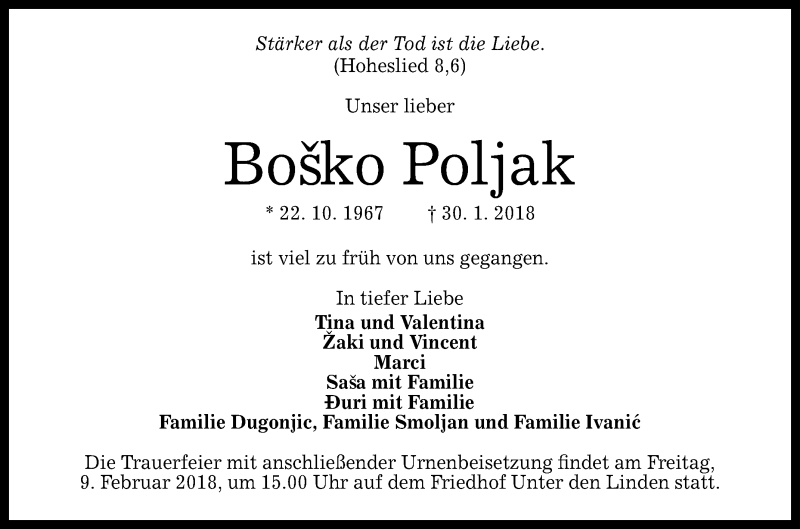  Traueranzeige für Bosko Poljak vom 03.02.2018 aus Reutlinger General-Anzeiger