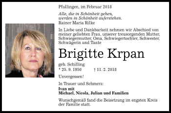 Anzeige von Brigitte Krpan von Reutlinger General-Anzeiger