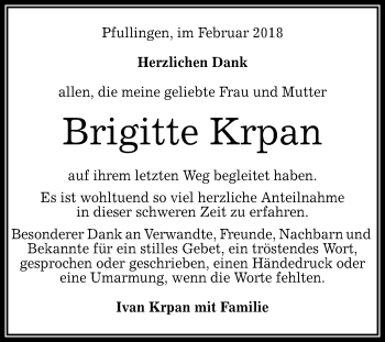 Anzeige von Brigitte Krpan von Reutlinger General-Anzeiger