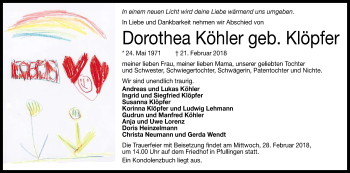 Anzeige von Dorothea Köhler von Reutlinger General-Anzeiger