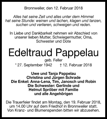 Anzeige von Edeltraud Pappelau von Reutlinger General-Anzeiger