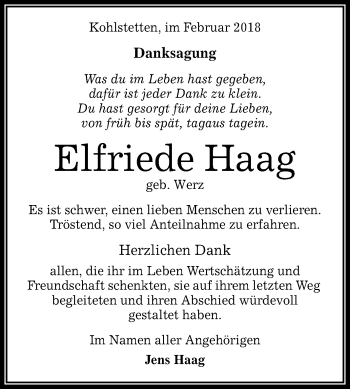 Anzeige von Elfriede Haag von Reutlinger General-Anzeiger