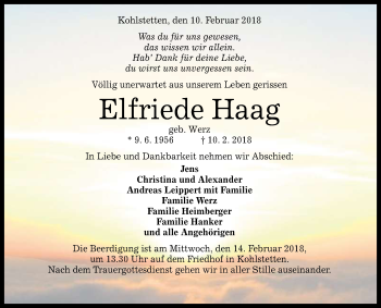 Anzeige von Elfriede Haag von Reutlinger General-Anzeiger