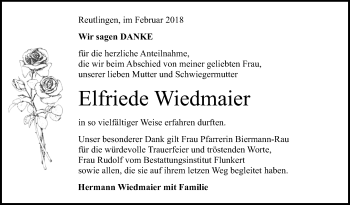 Anzeige von Elfriede Wiedmaier von Reutlinger General-Anzeiger