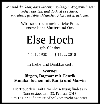 Anzeige von Else Hoch von Reutlinger General-Anzeiger