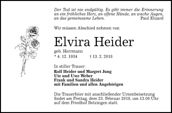 Anzeige von Elvira Heider von Reutlinger General-Anzeiger