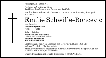 Anzeige von Emilie Schwille-Roncevic von Reutlinger General-Anzeiger