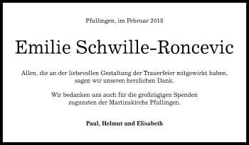 Anzeige von Emilie Schwille-Roncevic von Reutlinger General-Anzeiger