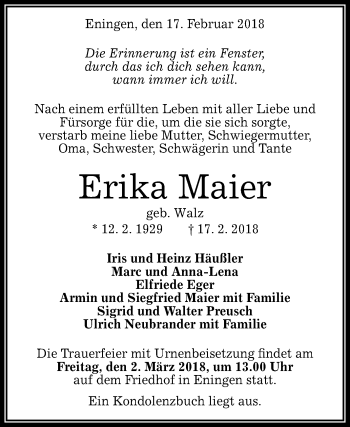 Anzeige von Erika Maier von Reutlinger General-Anzeiger