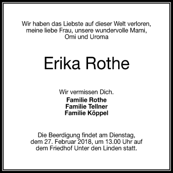 Anzeige von Erika Rothe von Reutlinger General-Anzeiger