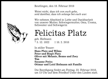 Anzeige von Felicitas Platz von Reutlinger General-Anzeiger